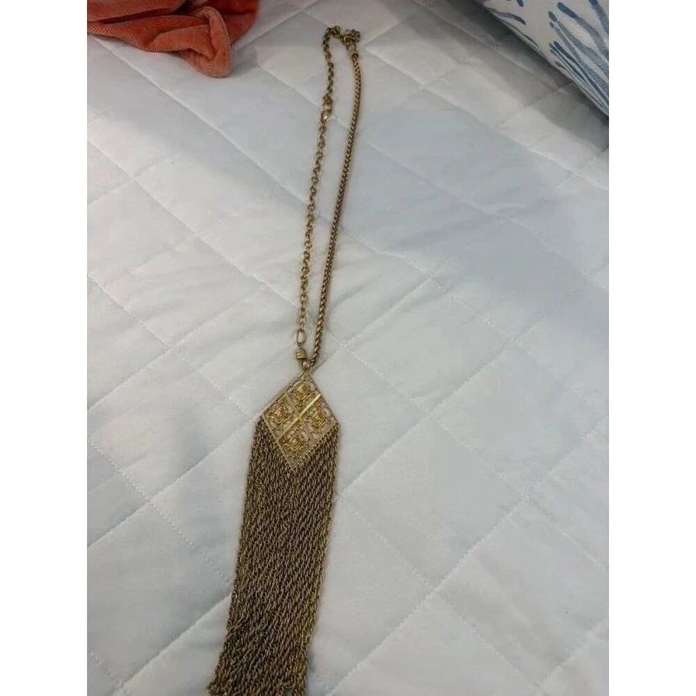 Stella & Dot Gold Tone Filigree Chain Fringe Tassel Statement Necklace